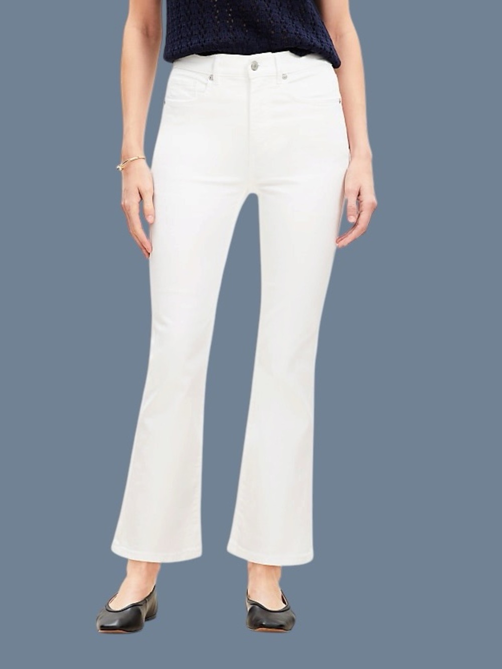 NWOT LOFT White Kick Crop Jeans w/tan topstitching high-rise waist, slight flare
